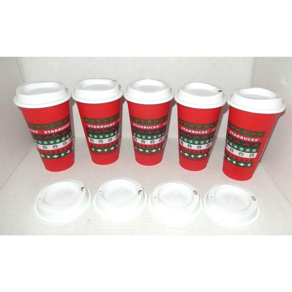 5 Starbucks Christmas Holiday Merry Coffee Reusable Hot Cups Lids 2013 Red 16 oz - Picture 1 of 4